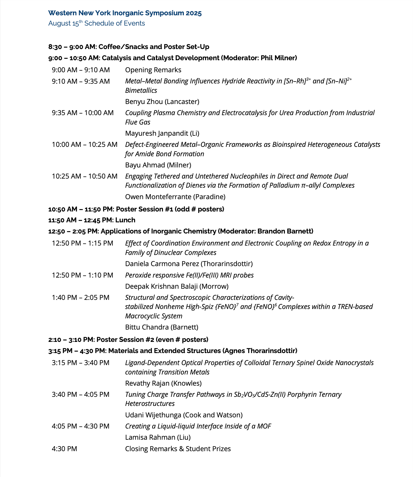 Western New York Inorganic Symposium Schedule