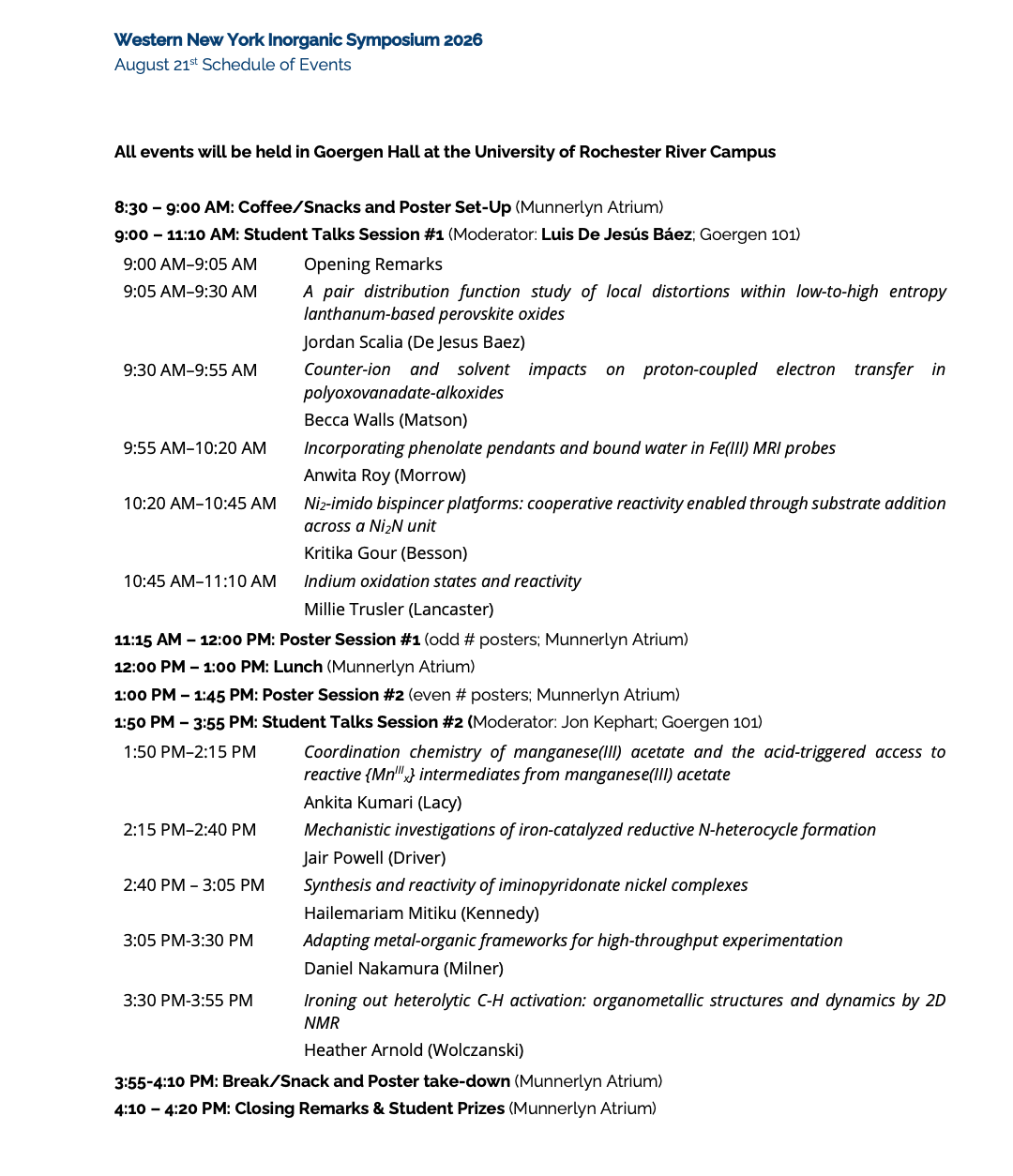 Western New York Inorganic Symposium Schedule